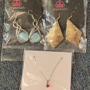 New Bundle of Paparazzi Earrings & Red Gem Necklace - Frost Blue & Gold Textured
